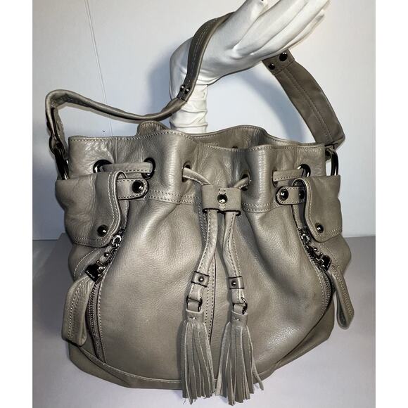 B. Makowsky Gray Leather Drawstring & Zipper Pockets Shoulder & Bag Dust Bag - Picture 7 of 12